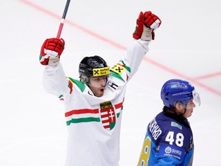 Radosť Jánosa Háriho v zápase Maďarsko - Kazachstan na MS v hokeji 2025.