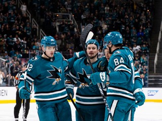 Pavol Regenda sa teší so spoluhráčmi po strelení gólu.