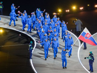 Nástup slovenskej výpravy na otváracom ceremoniáli ZOH 2026 v Miláne. Vlajkonosičom bol hokejista Tomáš Tatar.