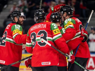 Hungary players celebrate scoring during the Men's Ice Hockey World Championship preliminary round game between Hungary and Great Britain, in Zurich, Switzerland, Tuesday May 19, 2026. (Andreas Becker/Keystone via AP)