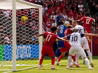 Bosnia's Jovo Lukic (25) scores the opening goal during the first half of the World Cup Group B soccer match between Canada and Bosnia, Friday, June 12, 2026, in Toronto. (Chris Young/The Canadian Press via AP)