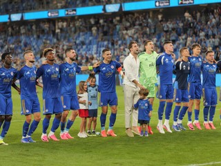 Na snímke hráči Slovana oslavujú po odvetnom zápase 2. predkola Ligy majstrov ŠK Slovan Bratislava - FC Iberia 1999 Tbilisi v Bratislave.