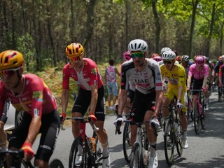 Slovenia's Tadej Pogacar, wearing the overall leader's yellow jersey, rides with the pack during the seventh stage of the Tour de France cycling race over 175.1 kilometers (108.7 miles) with start in Hagetmau and finish in Bordeaux, France, Friday, July 10, 2026. (AP Photo/Mosa'ab Elshamy)
