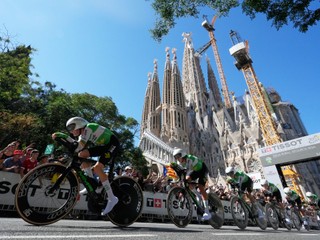 Caja Rural Seguro RGA team compete during the first stage of the Tour de France cycling race, a team time-trial over 19.6 kilometers (11.8 miles) with start and finish in Barcelona, Spain, Saturday, July 4, 2026. (AP Photo/Mosa'ab Elshamy)