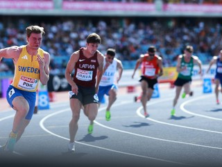 Athletes start a men's 200 meters heat at the European Athletics Championships in Birmingham, England, Thursday, Aug. 13, 2026. (AP Photo/Morgan Harlow)