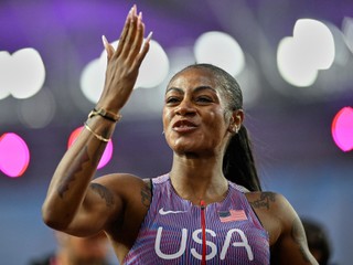 Sha'Carri Richardson, of the United States reacts after finishing a women's 100 meters semifinal during the World Athletics Ultimate Championship in Budapest, Hungary, Saturday, Sept. 12, 2026. (AP Photo/Denes Erdos)