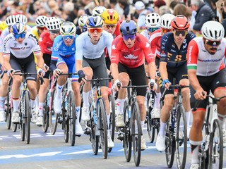 Canada's Michael Woods, third from right, competes in the men's elite road race at the UCI Road World Championships cycling event in Montreal on Sunday, Sept. 27, 2026. (Graham Hughes/The Canadian Press via AP)

- cycling UCI event sport road athletes bicycle world championship