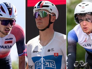 Elitní slovenskí cyklisti, zľava Martin Svrček, Lukáš Kubiš a Matthias Schwarzbacher.