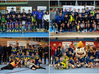 Králi halovej sezóny mládeže ZsFZ - hore zľava výbery ObFZ Nitra U19 a U15, dole zľava výber ObFZ Trnava U13 a výber ObFZ Nitra U11.
