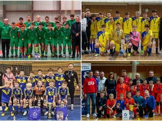 Mládežnícki majstri halovej sezóny ZsFZ 2024 - ObFZ Nové Zámky U19, ObFZ Trnava U15, ObFZ Trnava U13 a ObFZ Považská Bystrica U11.