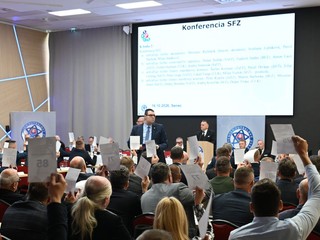 Na snímke delegáti Slovenského futbalového zväzu hlasujú počas Konferencie SFZ v Senci.