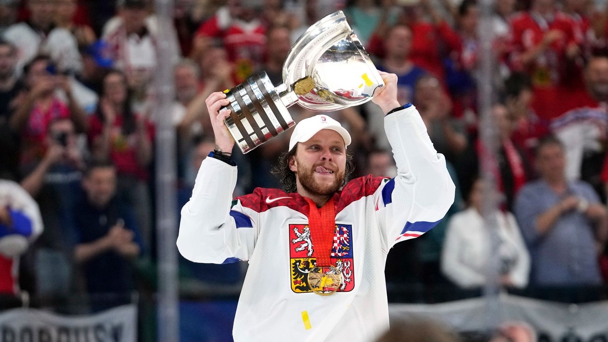 David Pastrňák oslavuje výhru titulu majstra sveta na MS v hokeji 2024.