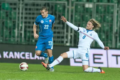 Viktor Pečovský v súboji s Birkirom Bjarnasonom v zápase Slovensko - Island 3:1 (Žilina, 17.11.2015).