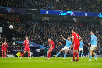 Manchester City's Rodrigo, center, scores his side's opening goal during the Champions League quarterfinal, first leg, soccer match between Manchester City and Bayern Munich at the Etihad stadium in Manchester, England, Tuesday, April 11, 2023. (AP Photo/Jon Super)

- XCHAMPIONSLEAGUEX