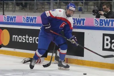Leo Eperješi v zápase Slovensko - Kanada v súboji o bronz na MS v hokeji do 18 rokov 2023.