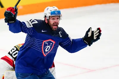 France's Sacha Treille celebrates after scoring his side's second goal during the group A match between France and Austria at the ice hockey world championship in Tampere, Finland, Saturday, May 13, 2023. (AP Photo/Pavel Golovkin)