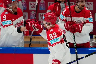 Denmark's Mikkel Boedker celebrates after scoring his side's second goal during the group A match between France and Denmark at the ice hockey world championship in Tampere, Finland, Sunday, May 14, 2023. (AP Photo/Pavel Golovkin)
