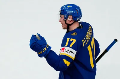 Sweden's Par Lindholm celebrates after scoring the opening goal during the group A match between Sweden and Austria at the ice hockey world championship in Tampere, Finland, Sunday, May 14, 2023. (AP Photo/Pavel Golovkin)