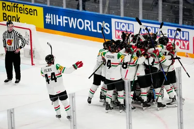 Hungary's team players celebrate as they won the group A match between France and Hungary at the ice hockey world championship in Tampere, Finland, Tuesday, May 16, 2023. (AP Photo/Pavel Golovkin)