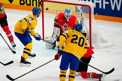 Sweden's Andre Petersson, centre back to the camera, scores his side's fourth goal past Hungary's goalie Dominik Horvath during the group A match between Hungary and Sweden at the ice hockey world championship in Tampere, Finland, Thursday, May 18, 2023. (AP Photo/Pavel Golovkin)
