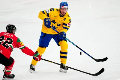 Sweden's Jacob de la Rose, right, and Hungary's Vilmos Gallo battle for the puck during the group A match between Hungary and Sweden at the ice hockey world championship in Tampere, Finland, Thursday, May 18, 2023. (AP Photo/Pavel Golovkin)