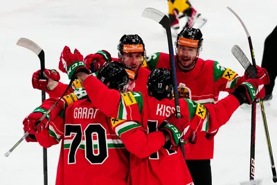 Hungary's team players celebrate after Roland Kiss, bottom right, scored his side's first goal during the group A match between Hungary and Sweden at the ice hockey world championship in Tampere, Finland, Thursday, May 18, 2023. (AP Photo/Pavel Golovkin)