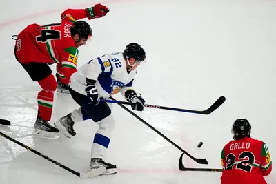 Finland's Harri Pesonen, centre, battles for the puck with Hungary's Vilmos Gallo, right, and Balazs Sebok during the group A match between Hungary and Finland at the ice hockey world championship in Tampere, Finland, Friday, May 19, 2023. (AP Photo/Pavel Golovkin)