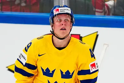 Sweden's Fabian Zetterlund celebrates after scoring his side's fourth goal during the group A match between Sweden and France at the ice hockey world championship in Tampere, Finland, Saturday, May 20, 2023. (AP Photo/Pavel Golovkin)