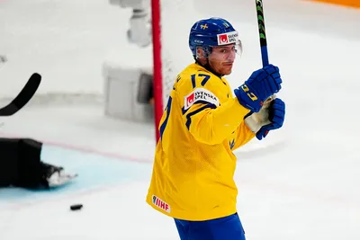 Sweden's Par Lindholm celebrates after scoring the opening goal during the group A match between Sweden and France at the ice hockey world championship in Tampere, Finland, Saturday, May 20, 2023. (AP Photo/Pavel Golovkin)