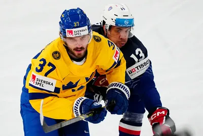 Sweden's Timothy Liljegren, left, and France's Peter Valier battle for the puck during the group A match between Sweden and France at the ice hockey world championship in Tampere, Finland, Saturday, May 20, 2023. (AP Photo/Pavel Golovkin)