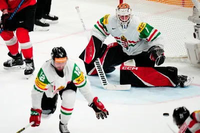 Austria's Lukas Haudum, bottom right, scores his side's third goal past Hungary's goalie Bence Balizs goal during the group A match between Austria and Hungary at the ice hockey world championship in Tampere, Finland, Monday, May 22, 2023. (AP Photo/Pavel Golovkin)