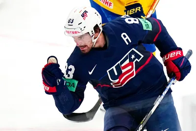 United States Conor Garland celebrates after scoring his side's second goal during the group A match between Sweden and United States at the ice hockey world championship in Tampere, Finland, Tuesday, May 23, 2023. (AP Photo/Pavel Golovkin)