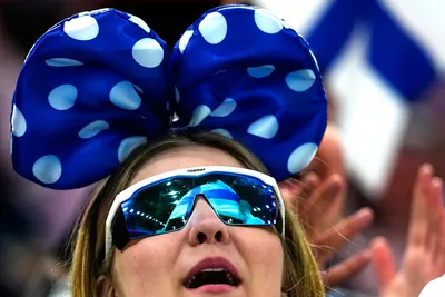 Finland's fan celebrates after Juho Lammikko scored his side's fifth goal during the group A match between Finland and Denmark at the ice hockey world championship in Tampere, Finland, Tuesday, May 23, 2023. (AP Photo/Pavel Golovkin)