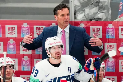 United States head coach David Quinn gestures during the quarterfinal match between United States and Czech Republic at the ice hockey world championship in Tampere, Finland, Thursday, May 25, 2023. (AP Photo/Pavel Golovkin)