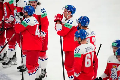 Czech Republic's team players react after the quarterfinal match between United States and Czech Republic at the ice hockey world championship in Tampere, Finland, Thursday, May 25, 2023. (AP Photo/Pavel Golovkin)
