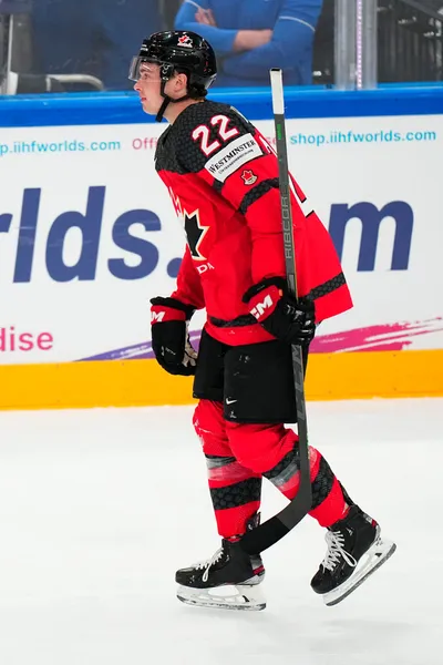 Canada's Jack Quinn celebrates after scoring the opening goal during the quarterfinal match between Canada and Finland at the ice hockey world championship in Tampere, Finland, Thursday, May 25, 2023. (AP Photo/Pavel Golovkin)