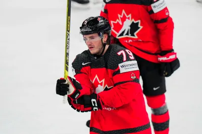 Canada's Samuel Blais (79) reacts after scoring a goal during their semifinal match against Latvia at the Ice Hockey World Championship in Tampere, Finland, Saturday, May 27, 2023. (AP Photo/Pavel Golovkin)