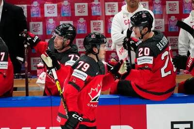 Canada's Samuel Blais (79) skates by his bench after scoring a goal during their semifinal match against Latvia at the Ice Hockey World Championship in Tampere, Finland, Saturday, May 27, 2023. (AP Photo/Pavel Golovkin)