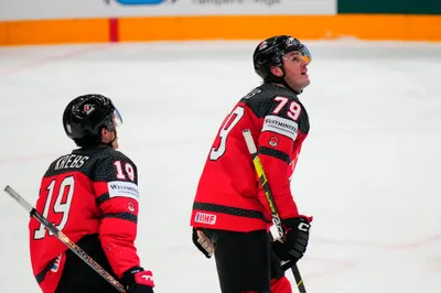 Canada's Samuel Blais (79) reacts after scoring a goal during their semifinal match against Latvia at the Ice Hockey World Championship in Tampere, Finland, Saturday, May 27, 2023. (AP Photo/Pavel Golovkin)