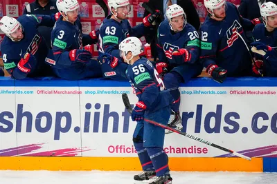 United States Rocco Grimaldi (56) celebrates his goal in their bronze medal match against Latvia at the Ice Hockey World Championship in Tampere, Finland, Sunday, May 28, 2023. (AP Photo/Pavel Golovkin)