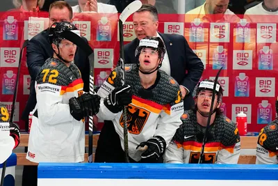 Germany's John Peterka returns to the bench after scoring a goal during the gold medal match against Canada at the Ice Hockey World Championship in Tampere, Finland, Sunday, May 28, 2023. (AP Photo/Pavel Golovkin)