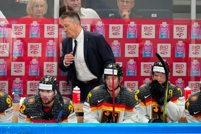 Germany's head coach Harold Kreis reacts from the bench after a Canada goal during the gold medal match at the Ice Hockey World Championship in Tampere, Finland, Sunday, May 28, 2023. (AP Photo/Pavel Golovkin)