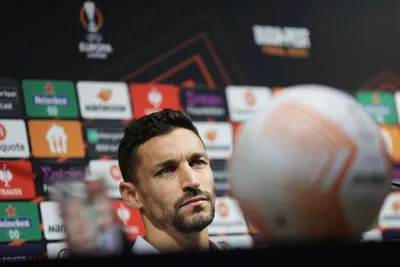 Sevilla' Jesus Navas speaks to the media during a press conference in Budapest, Hungary Tuesday May 30, 2023. The Europa League final match between Sevilla FC and AS Roma is held in Budapest on May 31, 2023. (Gonzalo Arroyo/UEFA/Getty via AP)
