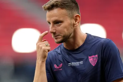 Sevilla's Ivan Rakitic gestures during a training session at the Puskas Arena in Budapest, Hungary, Tuesday, May 30, 2023. The Europa League final match between Sevilla FC and AS Roma is held in Budapest on May 31, 2023. (AP Photo/Darko Bandic)

- XEUROPALEAGUEX