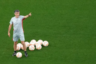 Sevilla's head coach Jose Luis Mendilibar gestures during a training session at the Puskas Arena in Budapest, Hungary, Tuesday, May 30, 2023. The Europa League final match between Sevilla FC and AS Roma is held in Budapest on May 31, 2023. (AP Photo/Darko Vojinovic)

- XEUROPALEAGUEX