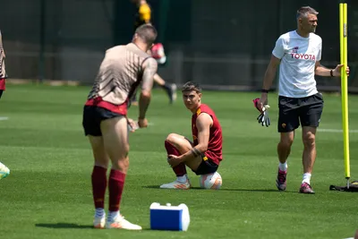 Roma's Paulo Dybala sits on a ball during a training session ahead of the Europa League soccer final, at the Trigoria training centre, in Rome, Tuesday, May 30, 2023. Roma will play an Europa League final against Sevilla in Budapest, Hungary, next Wednesday, May 31. (AP Photo/Alessandra Tarantino)

- xeuropaleaguex
