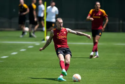Rick Karsdorp in action during a training session ahead of the Europa League soccer final, at the Trigoria training centre, in Rome, Tuesday, May 30, 2023. Roma will play an Europa League final against Sevilla in Budapest, Hungary, next Wednesday, May 31. (AP Photo/Alessandra Tarantino)

- xeuropaleaguex