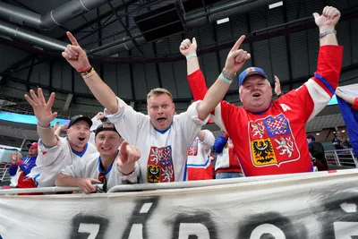 Fans of Czech Republic celebrate during the group B match between Czech Republic and Kazakhstan at the ice hockey world championship in Riga, Latvia, Sunday, May 14, 2023. (AP Photo/Roman Koksarov)
