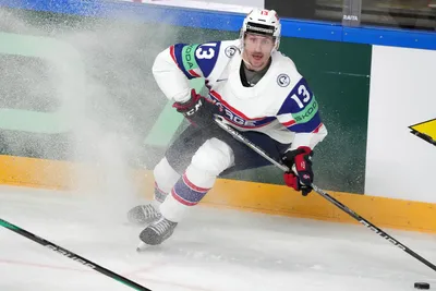 Norway's Sondre Olden during the group B match between Slovenia and Norway at the ice hockey world championship in Riga, Latvia, Tuesday, May 16, 2023. (AP Photo/Roman Koksarov)