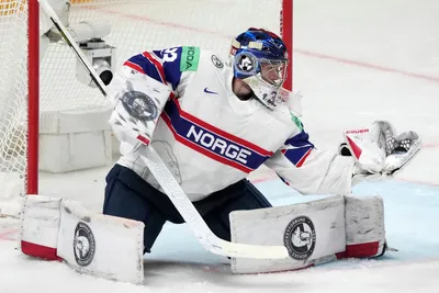 Goalie Henrik Haukeland of Norway in action during the group B match between Slovenia and Norway at the ice hockey world championship in Riga, Latvia, Tuesday, May 16, 2023. (AP Photo/Roman Koksarov)